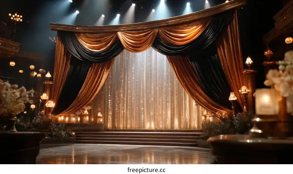 Elegant Wedding Stage Decor with Golden and Black Curtains