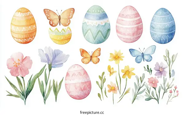 Watercolor Easter Eggs and Flowers Illustration