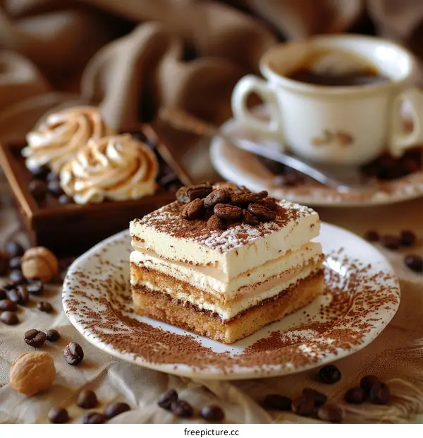 Tiramisu cake with coffee cup and coffee beans