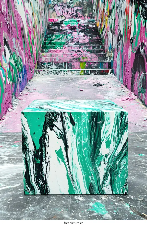 Abstract Green and White Marble Cube on Stairs with Graffiti
