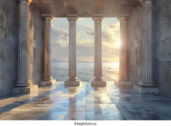 Ancient Greek Columns by the Seaside at Sunset