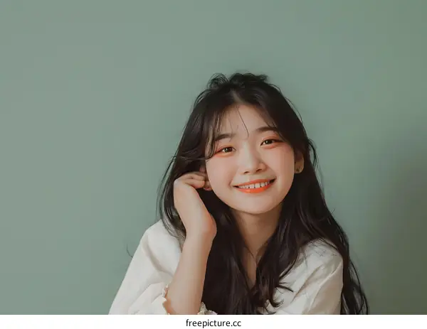 Smiling Asian Woman with Long Black Hair