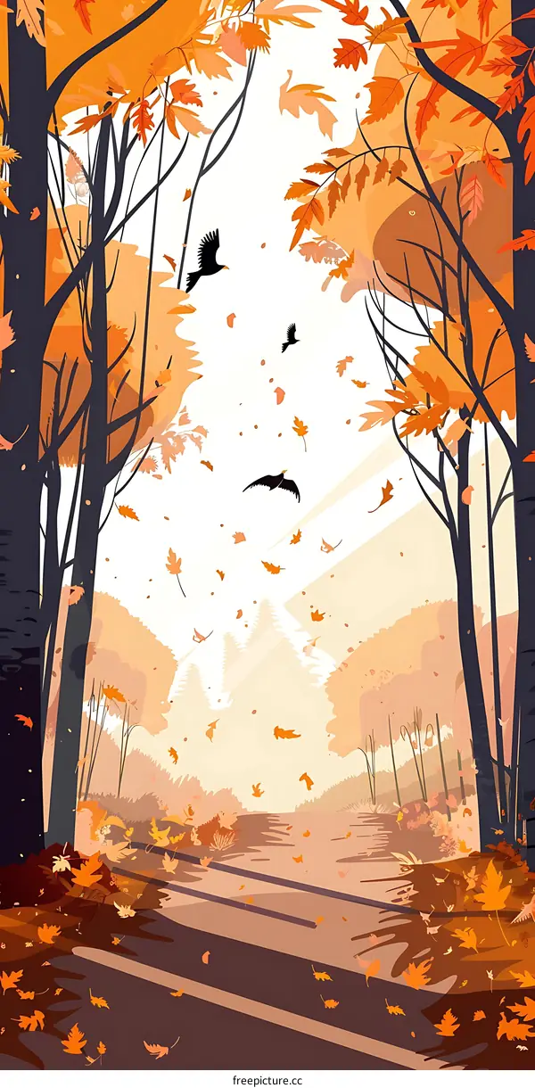 Autumn Forest Illustration with Falling Leaves and Birds