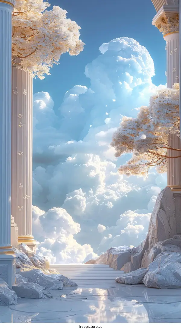 fantasy landscape with white marble columns and floating rocks in the sky