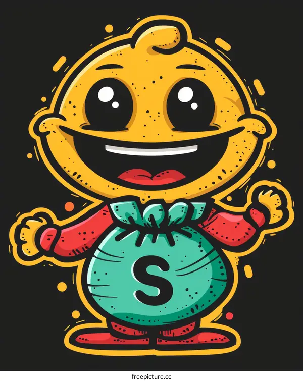 A smiling yellow cartoon character with a money bag