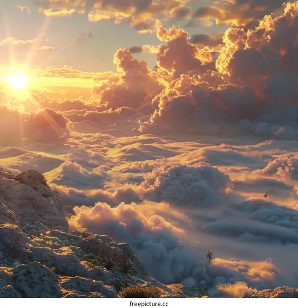 Sunrise Above the Cloudscape with Rocky Peaks