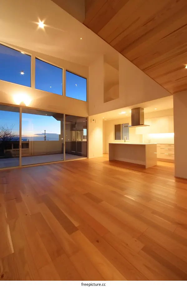 Modern Living Room with Large Windows and Wooden Floor