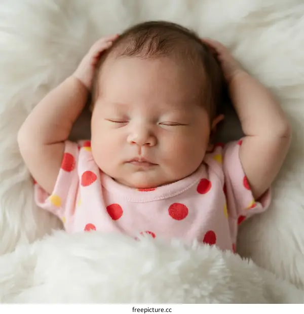 A peaceful newborn baby girl sleeping on soft white fur