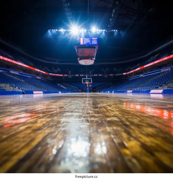 Empty Basketball Court with Gleaming Wood Floor Illuminated by Bright Lights