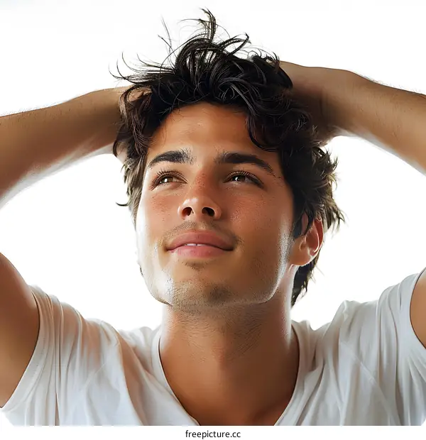 Portrait of a young man with brown hair and light brown eyes. He is wearing a white shirt and has his hands in his hair. He is looking up and smiling.