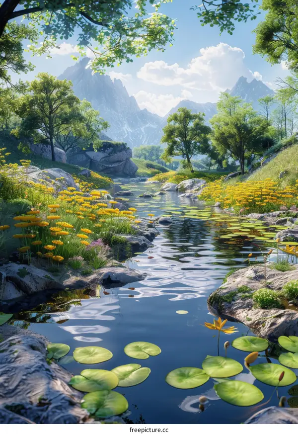 Serene River Valley with Green Trees and Yellow Flowers