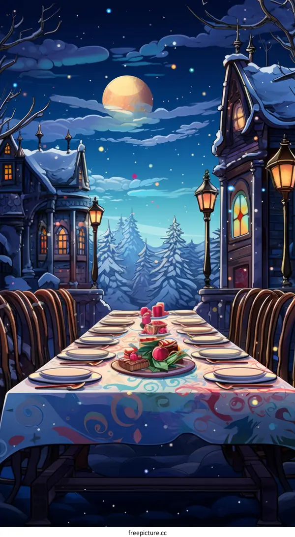 Snowy Fantasy Night Town with Extravagant Long Table