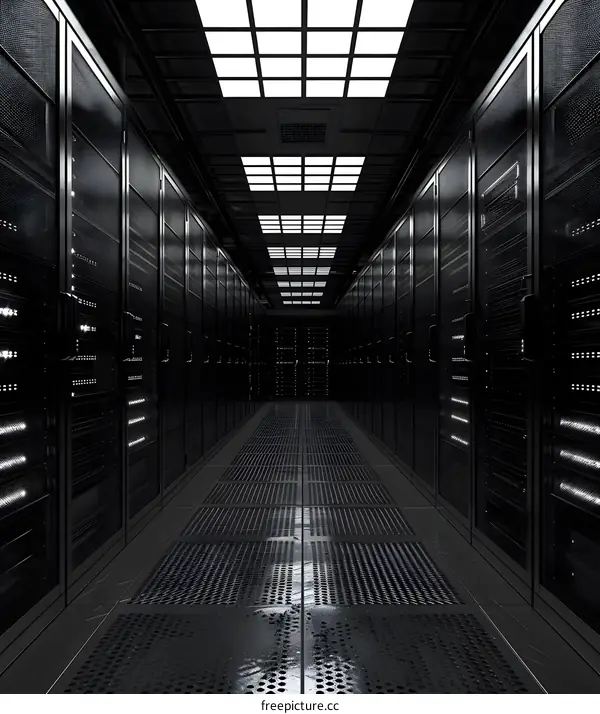 Dark Server Room Corridor With Rows Of Black Servers