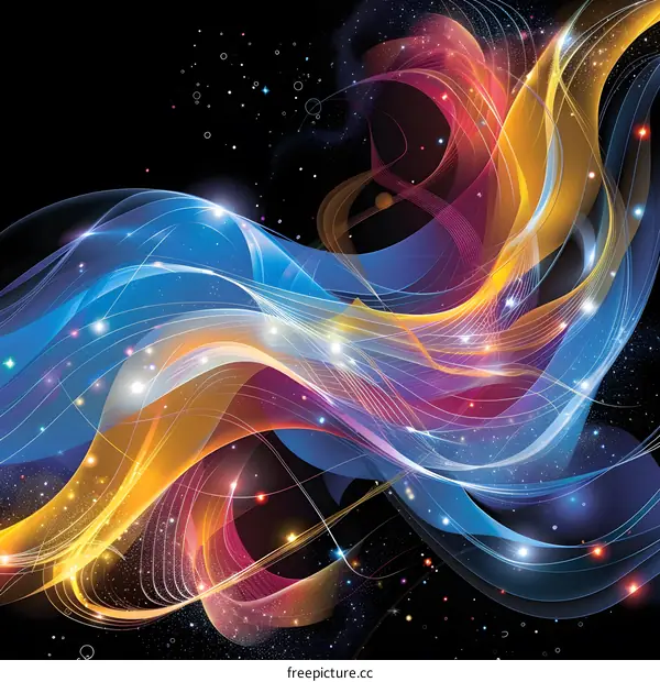 Colorful abstract glowing light waves and sparkles on dark blue background