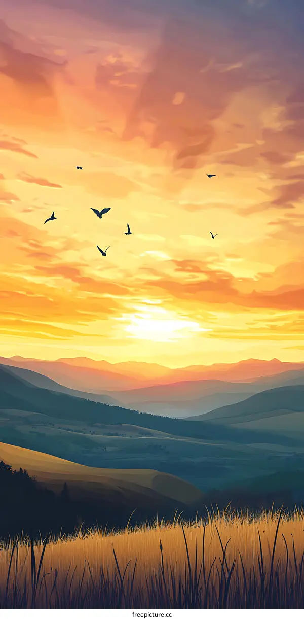Beautiful Sunset Landscape with Flying Birds