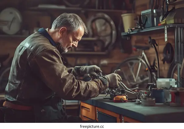 Senior Man Working on a Motorcycle in His Workshop