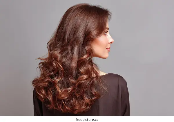 Profile view of a woman with curly brown hair