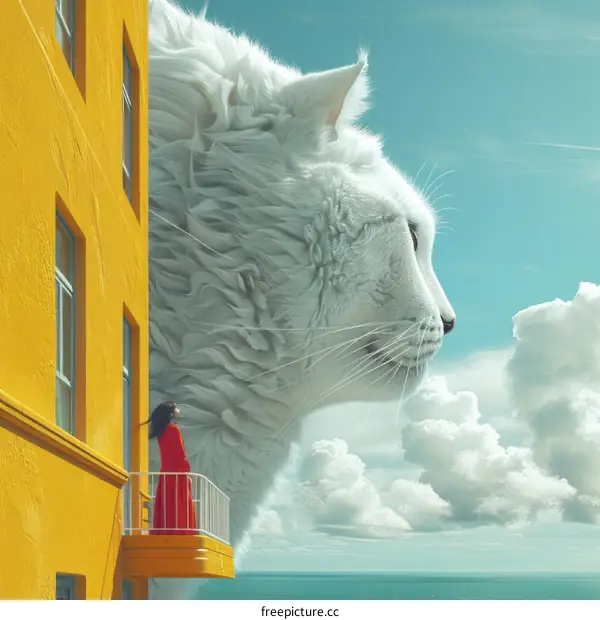 A woman standing on a balcony next to a giant white cat