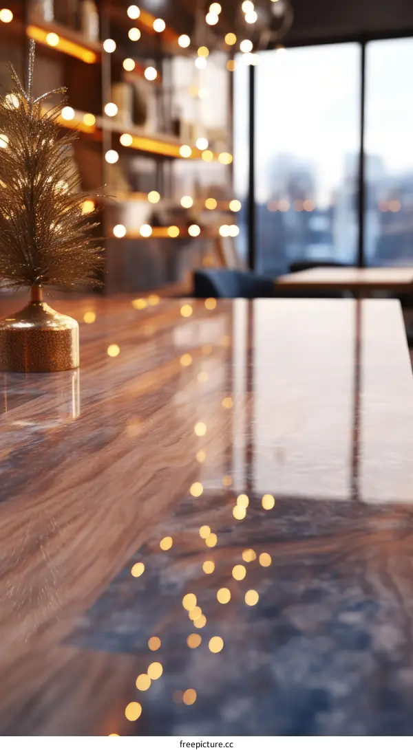 Close-up of a wooden table with a golden Christmas tree decoration