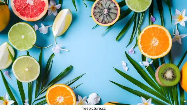 Tropical Fruits and Flowers Summer Background