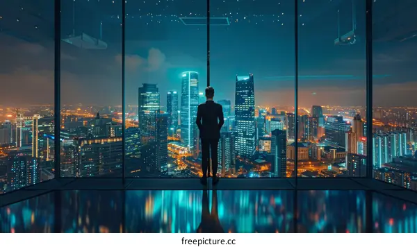Businessman looking at the night city from the office window