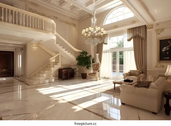 Elegant Interior Design with Staircase and Large Windows