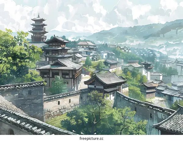 Watercolor Painting of an Ancient Chinese Town