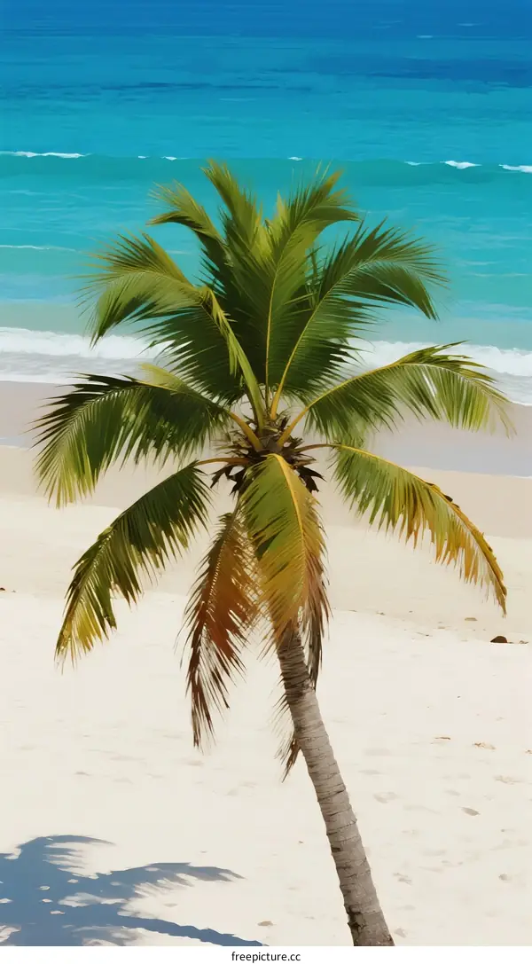 Tropical Palm Tree on Sandy Beach with Clear Blue Ocean