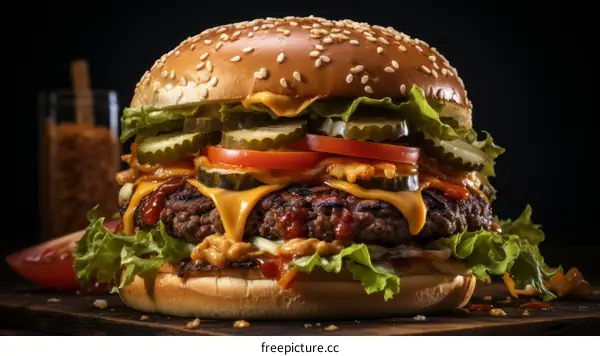 yummy cheeseburger with pickles, tomatoes, and lettuce