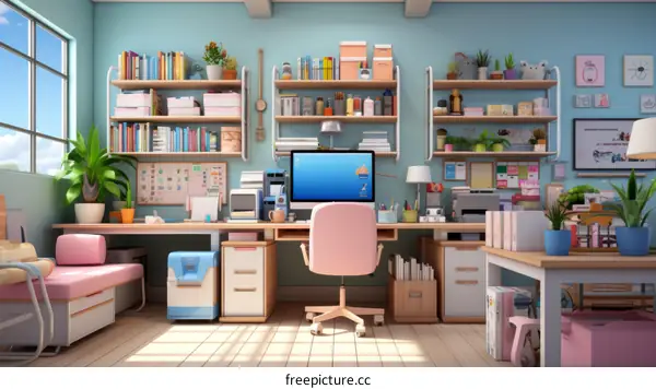 Bright and Functional Home Office with Pink Chair