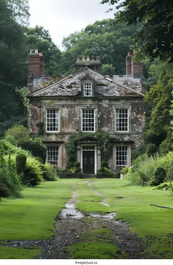 A beautiful old stone house surrounded by trees and a garden
