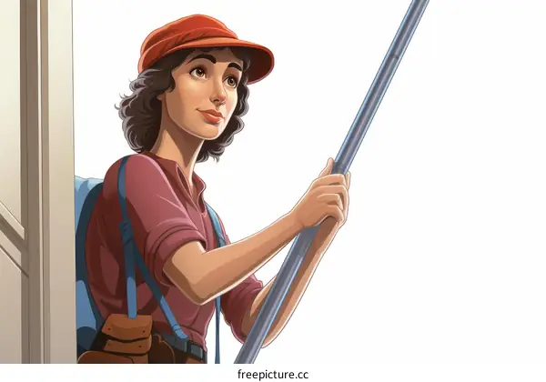 A young woman standing in a doorway holding a long pole