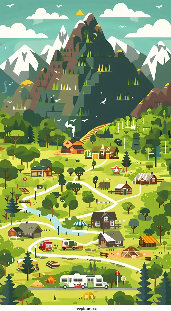 Mountain Village Illustration, Cartoon Style,  Green Hills, Flat Design