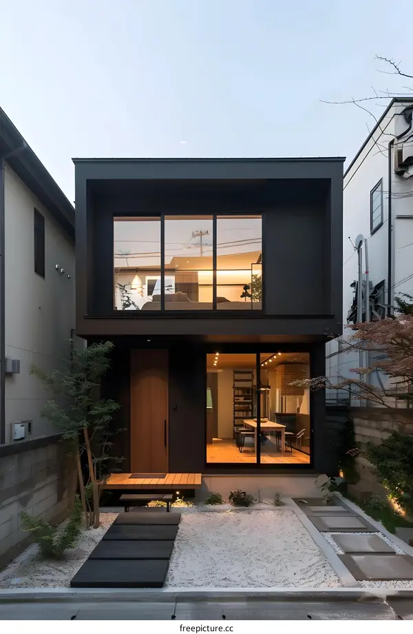 Modern Black Minimalist Home Exterior Design With Stone Garden