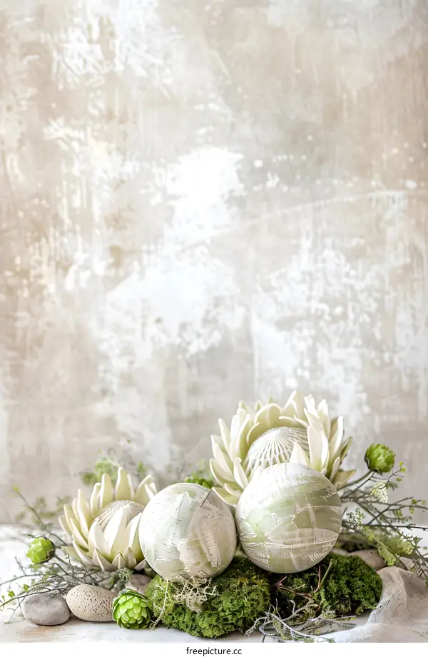 Green and White Easter Eggs with Flowers on a White Background