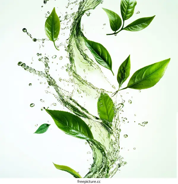 Green Tea Leaves in Water Splash