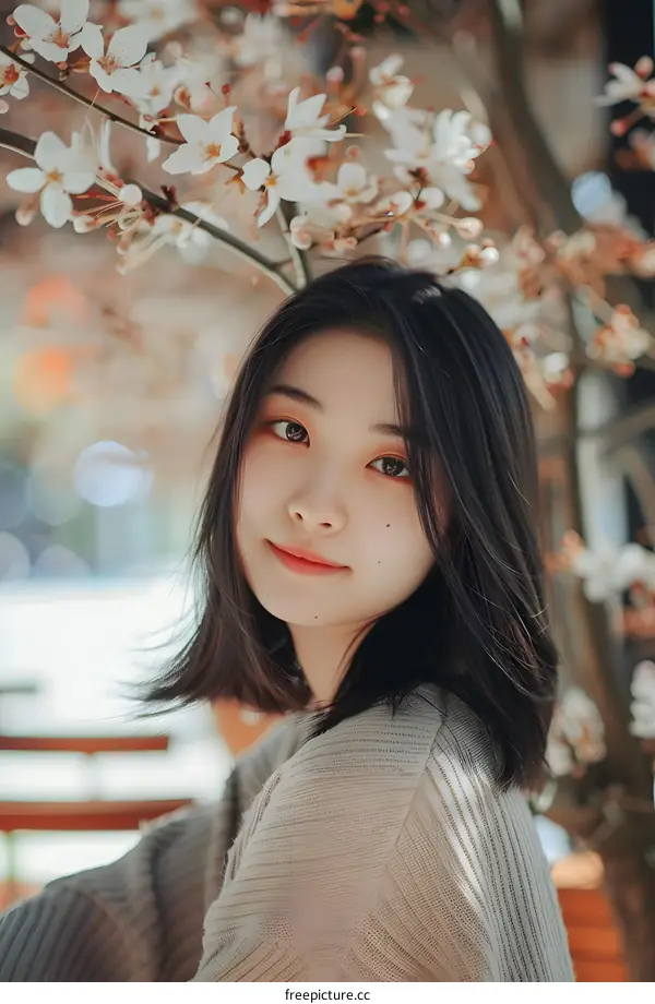 Smiling Asian Woman With Flowers Behind Her