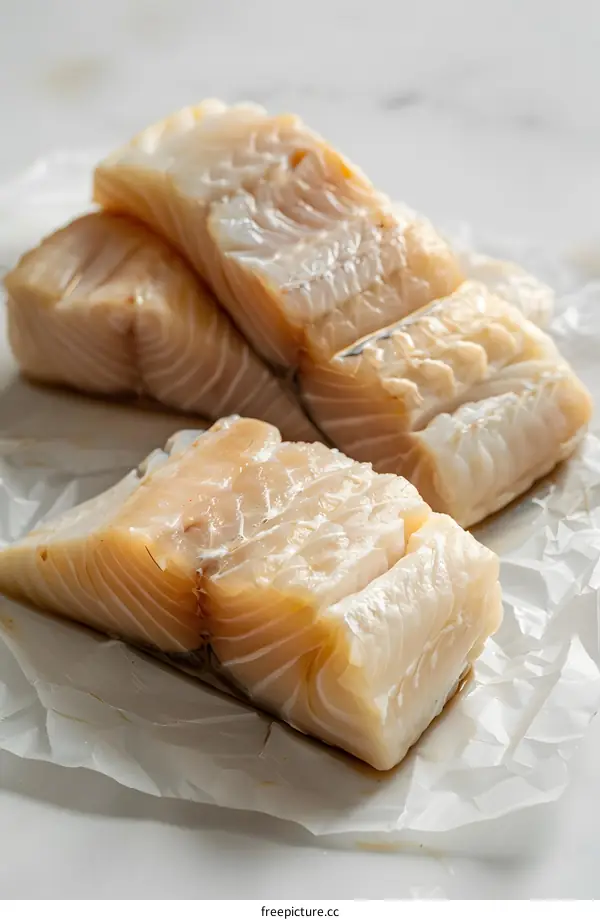 Four pieces of raw cod loin