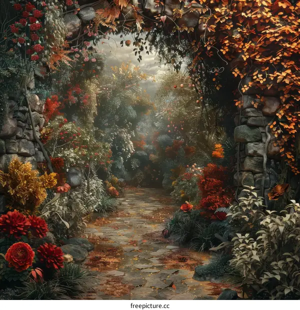 Enchanted Garden Path with Stone Archway and Colorful Flowers