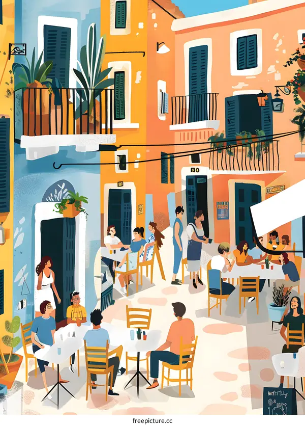 Colorful Mediterranean Town Illustration with People Sitting at Cafe Tables