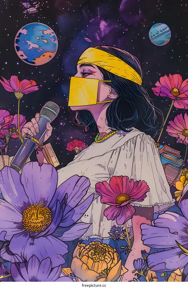 A girl wearing a yellow mask is singing in a field of flowers with a microphone in her hand, and there are stars and planets in the background.