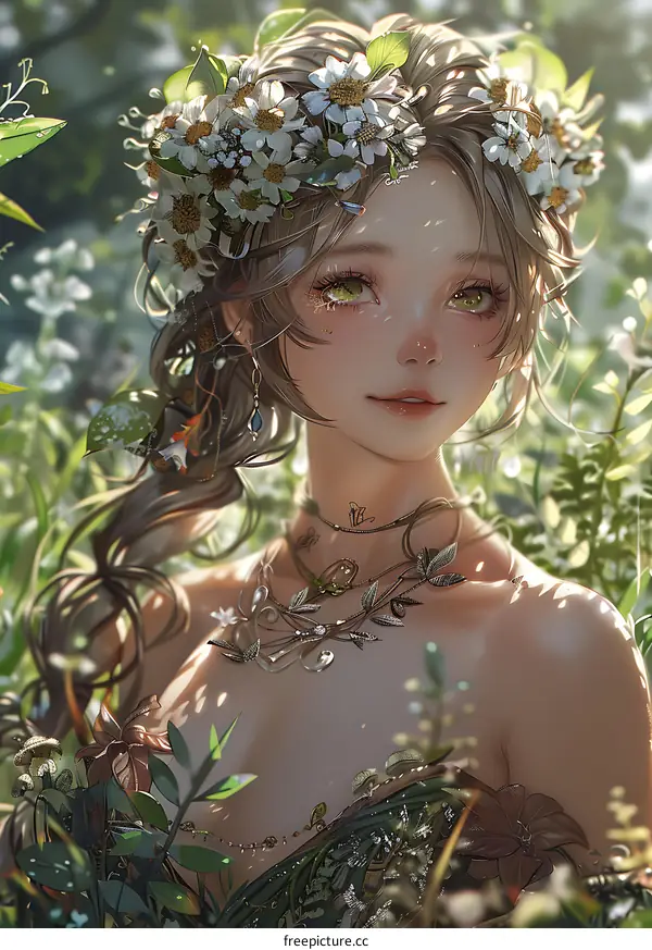 Anime Girl with Flower Crown and Necklace in Nature