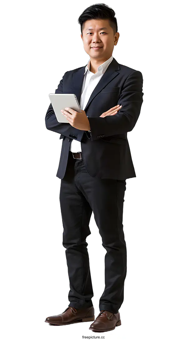 [Transparent Background PNG]Businessman in a suit holding a tablet