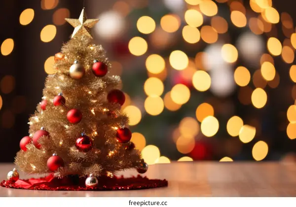Small artificial Christmas tree with red and gold ornaments