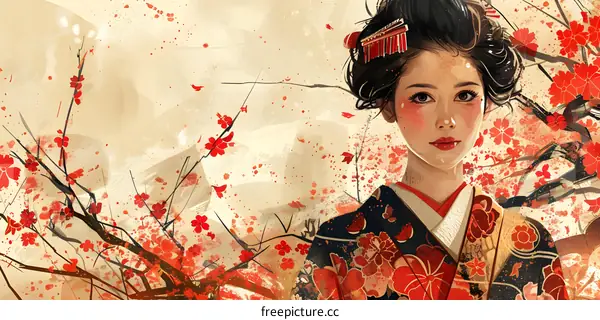 An illustration of a Japanese woman in a kimono with cherry blossoms
