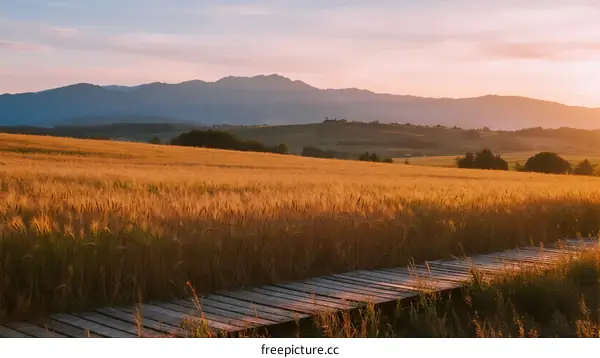 Golden Wheat Field with Wooden Pathway at Sunset
