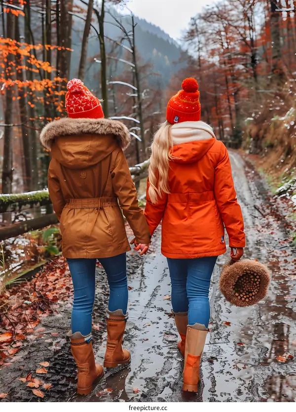 Two Women Walking In The Woods During Autumn