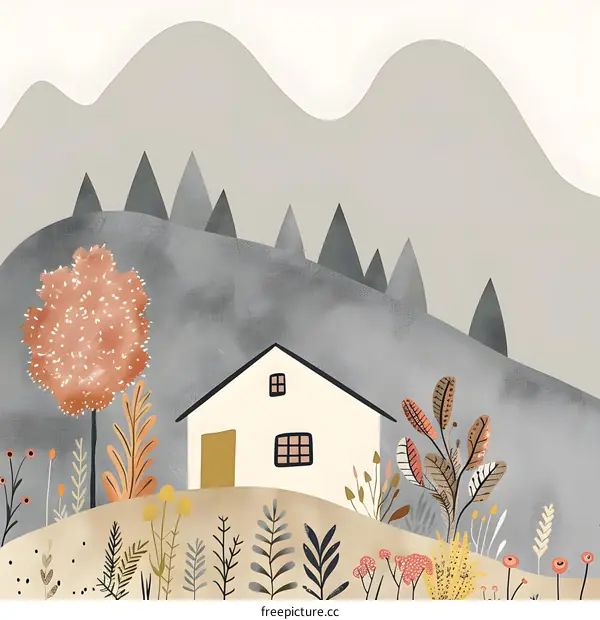 House in the Mountains with Autumn Trees and Flowers