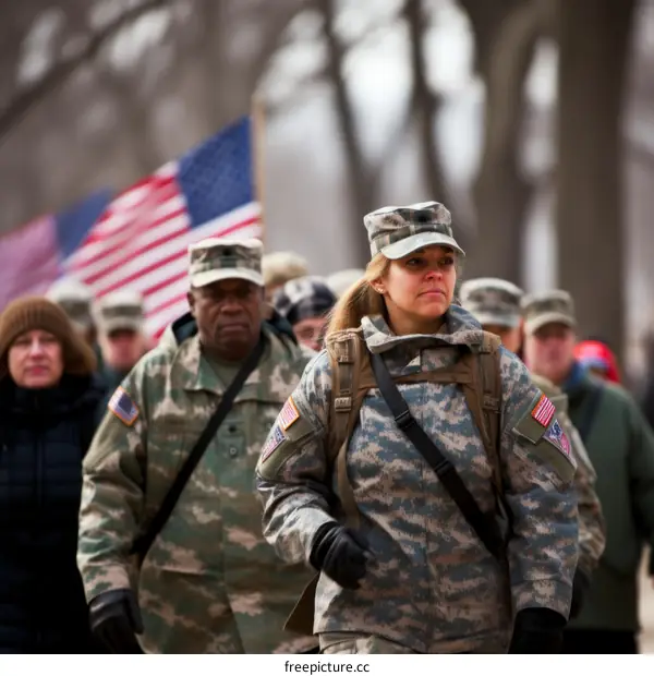 A female soldier in uniform, with a backpack, walking in a group of people, with American flags in the background