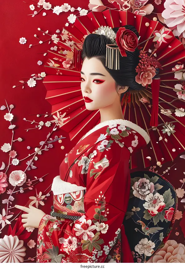A woman in a red kimono holding a fan with cherry blossoms in the background